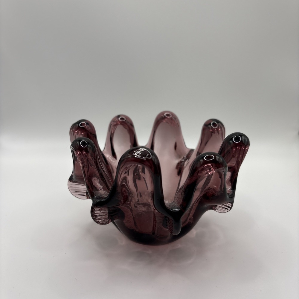 Vintage MCM Amethyst Purple Hand Blown Art Glass 8 Finger 4.75"x3" Nesting Bowl